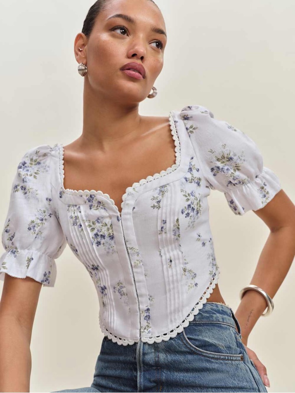 Reformation White Floral Square-Neck Puff Sleeve Blouse